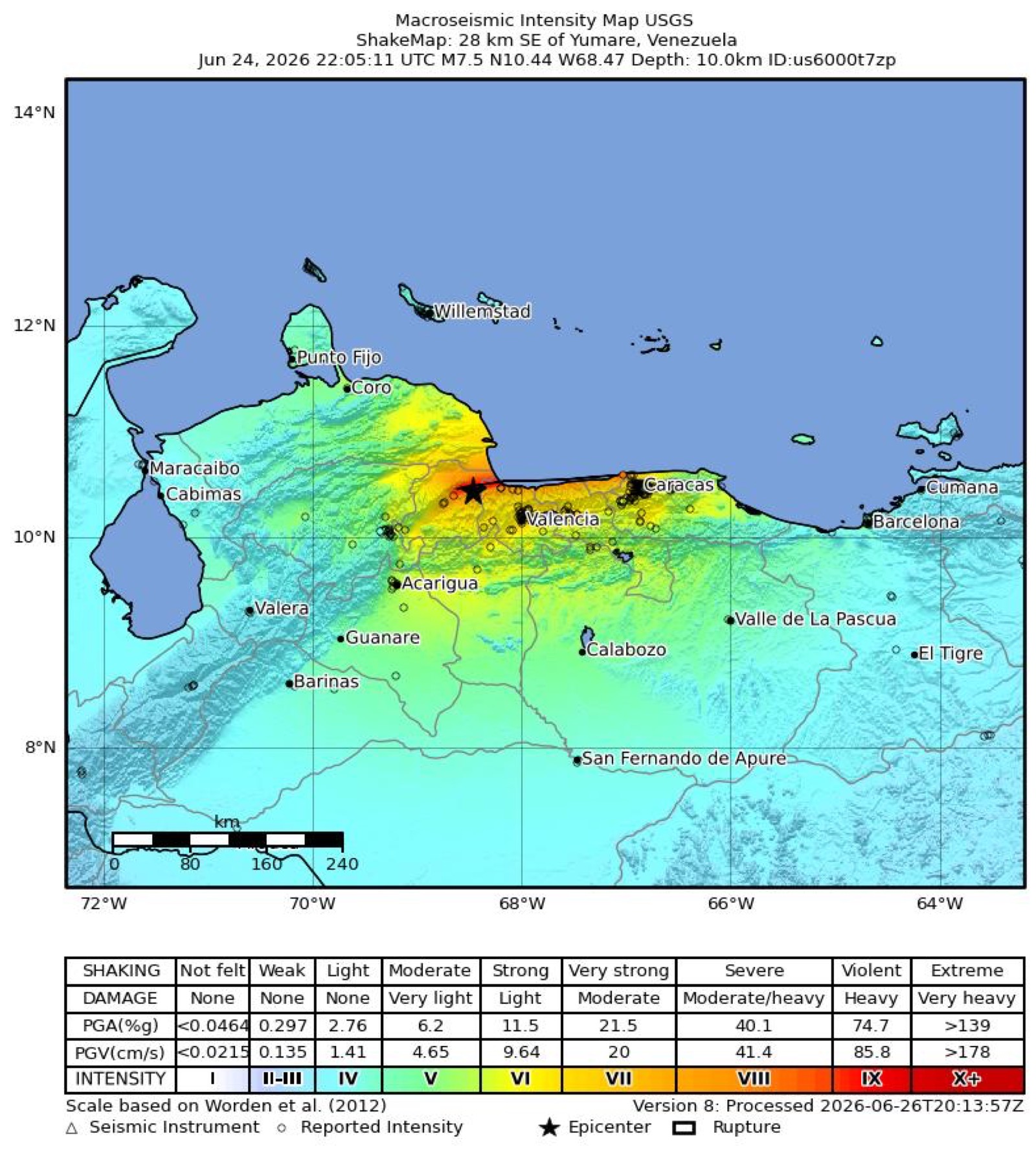 Mapa de intensidad sísmica (ShakeMap) del terremoto de magnitud 7,5 del 24 de junio de 2026