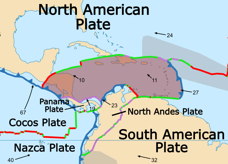 Mapa tectónico del límite entre la placa del Caribe y la placa Sudamericana
